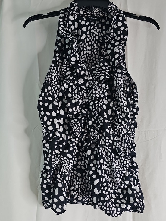 Express Tops - Express Black and White Pebble Dot Ruffle Top